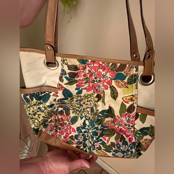 Handbags - Floral Tote Bag with Tan Accents